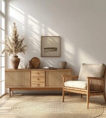 Aufkleber - Scandinavian Cozy Interior Design Scene with Light Wooden Sideboard and Armchair in Minimalist Style