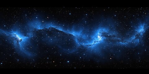 Wall Mural - panoramic view of starry sky with deep blue nebulas and twinkling stars in cosmic surrealism style