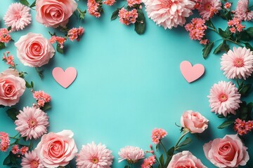 Poster - Valentine's Day Floral Arrangement with Pink Roses Hearts on Turquoise Background Romantic Concept