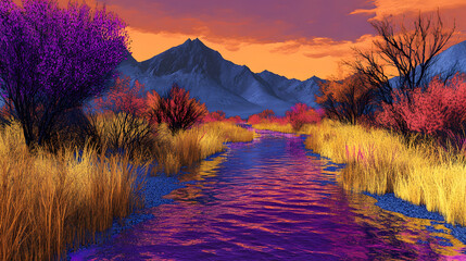 Poster - A vibrant landscape featuring a colorful river surrounded by purple trees, golden grasses, and majestic mountains under a stunning sunset