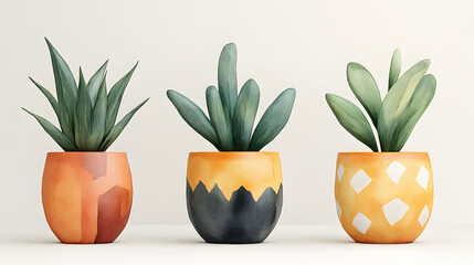 Poster - Three colorful potted plants with vibrant green leaves are arranged in a row, showcasing unique designs on their ceramic pots