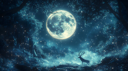 Poster - A serene, mystical scene featuring a silhouette of a deer under a large, glowing moon amidst a starry forest backdrop