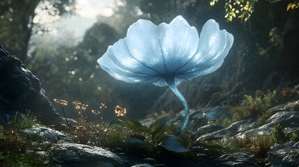 Poster - A luminous, translucent blue flower stands in a vibrant forest, surrounded by rocks and greenery, illuminated by soft light