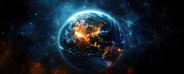Aufkleber - Global Network and Communication Technology in a Cyberpunk Earth View from Space