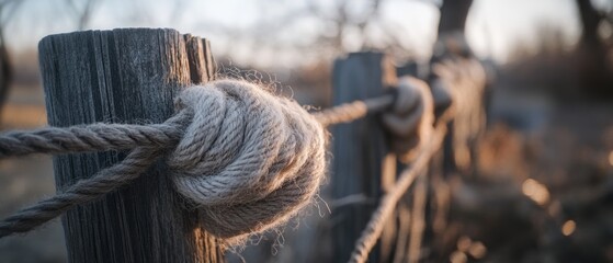 A rustic fence with knotted ropes gracefully stretches across a barren landscape, evoking timeless simplicity.