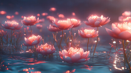 Poster - A serene scene of glowing pink lotus flowers floating in tranquil water, creating a magical atmosphere under soft lighting