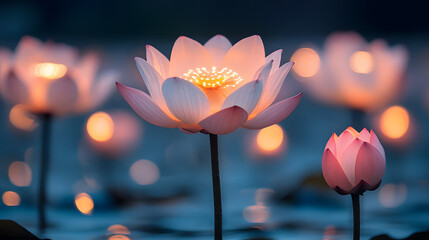 Poster - Serene lotus flowers illuminated at dusk, creating a peaceful ambiance on still water with soft glowing lights