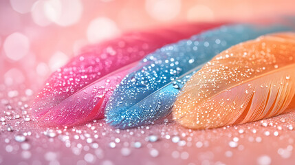 Aufkleber - Colorful glittery feathers in pink, blue, and orange, set against a soft, dreamy background with sparkling bokeh effects