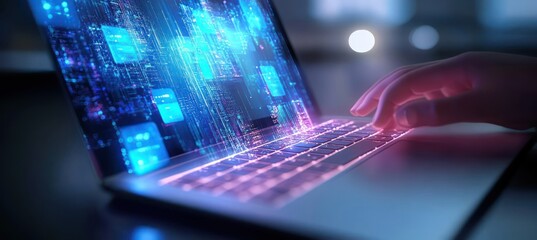 Aufkleber - Digital Workspace with Laptop, Holographic Icons, Businessman Typing in Futuristic Office Environment