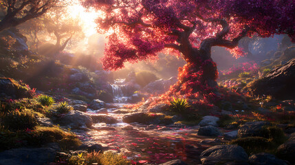 Poster - A serene landscape featuring a vibrant pink tree beside a tranquil stream, illuminated by soft sunlight filtering through lush foliage