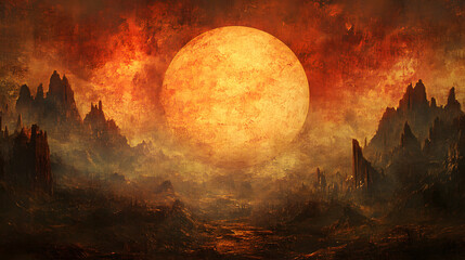Poster - A dramatic landscape features a huge sun setting behind dark, jagged mountains, casting fiery hues across the sky