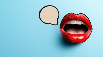 Poster - Open red lips with white teeth are next to an empty speech bubble in a pop art style image promoting freedom of speech and dental care on a vibrant blue background