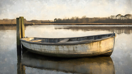 Poster - A serene scene featuring a weathered boat moored by a post on calm waters, reflecting soft light and surrounded by nature