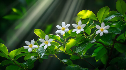 Poster - A vibrant branch of white flowers amidst lush green leaves, illuminated by gentle rays of sunlight, creating a serene and tranquil atmosphere