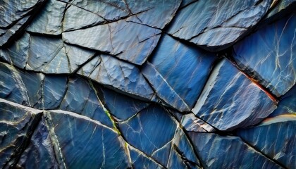 Poster - deep blue slate texture with natural geometric pattern for modern background, abstract stone wall design, raw material aesthetics

