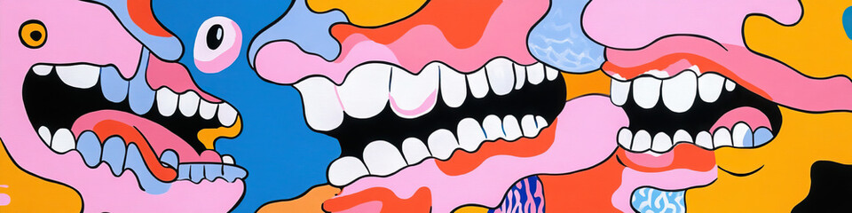 Poster - abstract composition of stylized mouths in pink, orange, and blue