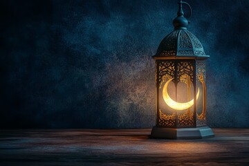 Wall Mural - Illuminated crescent moon lantern, dark background, Ramadan