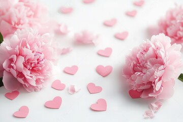 Poster - Valentine's Day Flat Lay with Pink Peonies Hearts and Envelope on White Background