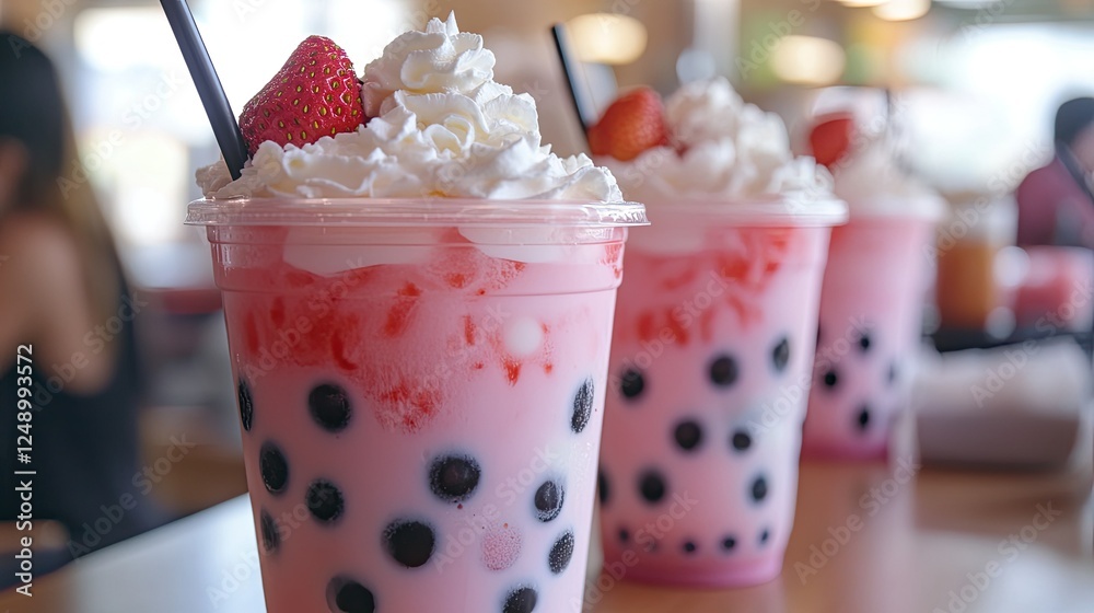 A close-up shot of strawberry bubble tea in a plastic cup, highlighting ...