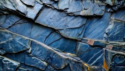 Poster - deep blue slate texture with natural geometric pattern for modern background, abstract stone wall design, raw material aesthetics

