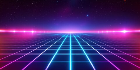 Poster - Futuristic Neon Grid Background with Vibrant Blue and Purple Lighting and Stars in Night Sky for Digital Designs and Creative Projects