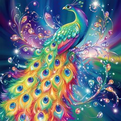 Wall Mural - A colorful peacock with gem accents poses against abstract light background. Possible for decorative prints