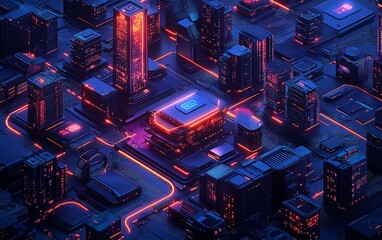 Poster - A dark blue futuristic cityscape with AI, 5G, and IoTpowered smart buildings, interconnected design, glowing infrastructure, hightech details