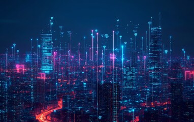 Poster - A dark blue futuristic cityscape with AI, 5G, and IoTpowered smart buildings, interconnected design, glowing infrastructure, hightech details