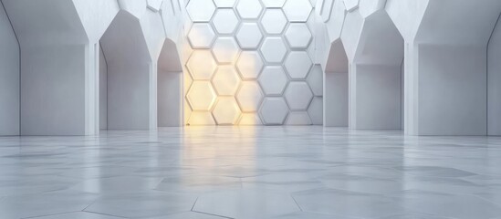 Poster - Futuristic Minimalist Interior with Hexagonal Metal Wall Panels and Polished Marble Flooring