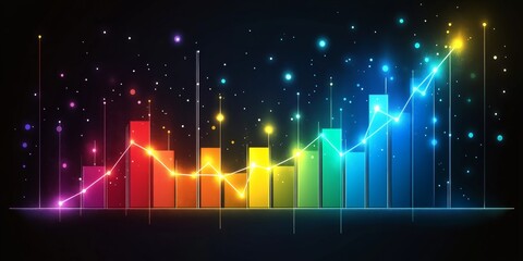 Poster - Glowing Rainbow Column Chart With Upward Trend Line On Dark Background, Symbolizing Growth