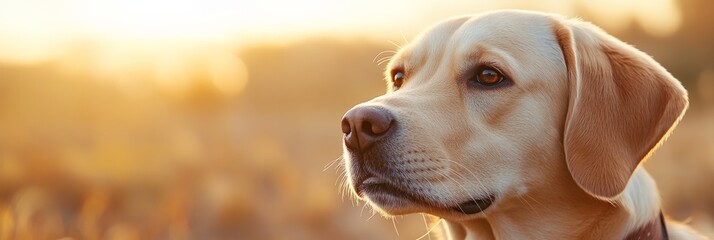 Poster - Beautiful labrador retriever dog posing majestically in a field bathed in the warm, golden light of the setting sun, creating a serene and heartwarming scene