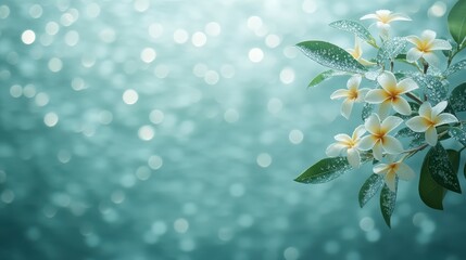 Wall Mural - Delicate cluster of white flowers with green leaves against a soft, teal colored background with bokeh. Gentle lighting enhances the details of the