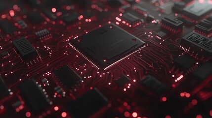 Poster - Closeup view of a complex circuit board with a central processor, glowing red traces, and dark gray components. Detailed circuit, close up view