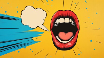 Poster - Pop art illustration of a woman's open mouth with red lipstick shouting with a blank speech bubble, ideal for expressing opinions, freedom of speech, and communication concepts