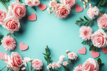 Poster - Valentine's Day Floral Arrangement with Pink Roses and Chrysanthemums on Turquoise Background