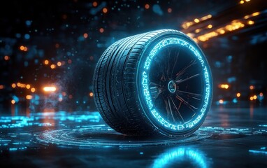 Poster - Futuristic Cyberpunk Tire Design with Neon Glow and Holographic Technology