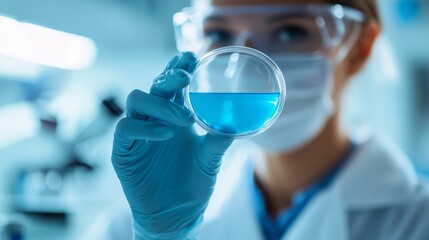 Aufkleber - In a cutting-edge laboratory, a dedicated scientist, wearing personal protective equipment, carefully holds a petri dish showcasing a striking blue substance, reflecting meticulous research