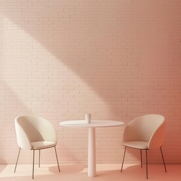 Two white chairs with a white table in front of a pale pink brick wall