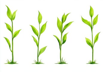 Poster - Four stylized, pixelated representations of young plants with light green leaves, set against a pure white background. Each plant is similar, showing