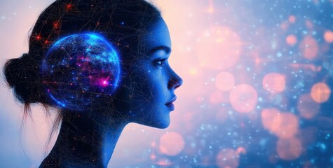 Aufkleber - Futuristic Digital Globe and Woman's Profile Silhouette in Cyberpunk Style With Global Communication Concept