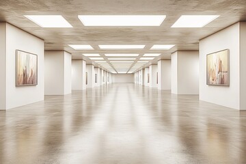 Poster - Large Empty Room with White Walls and Concrete Floor Featuring Modern Artwork in a Minimalistic Gallery Space