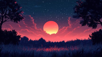 Wall Mural - Captivating Digital Artwork of a Vibrant Sunset Scene with Dramatic Clouds, Silhouetted Trees, and a Starlit Sky Creating a Mystical Atmosphere