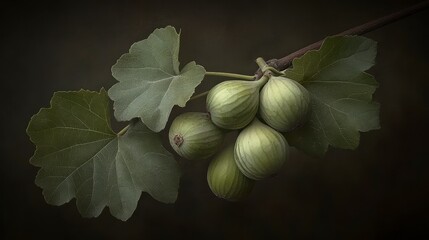 Wall Mural - Close up view of fresh green fruits on a branch with textured leaves against a dark background, evoking a still life feel