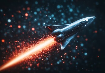 Poster - abstract futuristic space ship launching with glowing orange and white particles, against a dark bac
