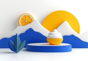 Wall Mural - Geometric 3d display, yellow and white cosmetic product on blue podium, orange slice, yellow sun, white mountains, teal leaves, minimal and bright