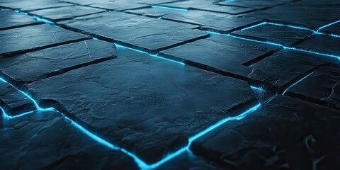 Poster - close up view of dark blue stone pavement, illuminated by glowing blue lines forming intricate patte