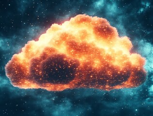 Canvas Print - Fiery digital cloud against a night sky filled with stars and nebulae, glowing orange and yellow particles forming the cloud shape