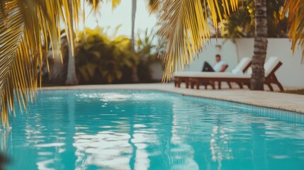 Aufkleber - Golden palm leaves gently sway in the foreground, framing a tranquil swimming pool with crystal clear turquoise water, creating a serene and inviting atmosphere at a luxurious tropical resort