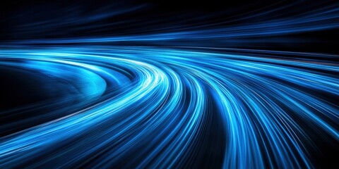 Poster - long exposure photograph of vibrant blue light trails creating motion patterns against a dark backgr