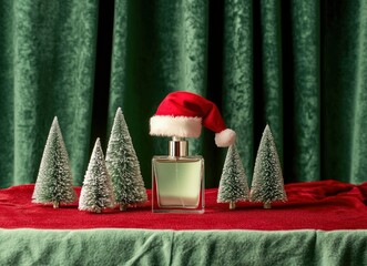 Wall Mural - One bottle of perfume with a Santa hat on top, three small Christmas trees next to it, a red tablecloth, and a green curtain background, in a minimalist, realistic photographic style. 